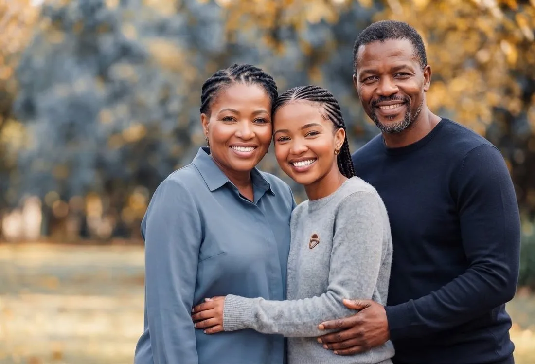 A family portrait of a mother, daughter and father together outdoors in autumn